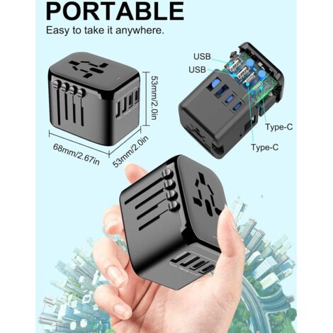 Cargador de pared PD internacional universal (65 W), adaptador y convertidor de carga internacional de 3 puertos USB – Negro brillante, cargador para teléfonos inteligentes y tabletas (1/3)