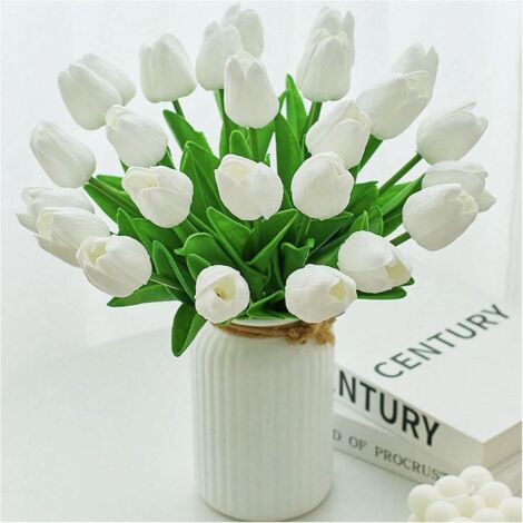 Juego de 18 tulipanes artificiales de poliuretano blanco de 33 cm para decoración de mesa para el hogar, la cocina, la oficina, la boda y el comedor.