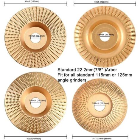 Juego de 4 discos de amolar de carburo de tungsteno para madera, para dar forma, amolar y cortar. Compatible con amoladoras angulares de 115 mm o 125 mm. (1/4)