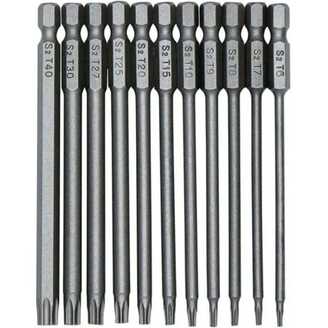 11 puntas de destornillador Torx de 100 mm S2 de 1/4 de pulgada, brocas de vástago hexagonal de precisión, destornillador de seguridad magnético, destornillador Torx de cabeza larga T6-T40. (1/4)