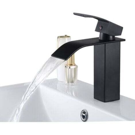 Grifo mezclador de lavabo moderno en cascada negro, grifo de baño para lavabo de encimera, apto para lavabo empotrado. (1/4)