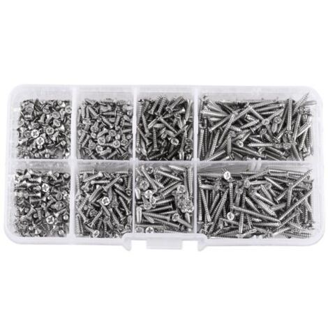 Kit de tornillos M2, 800 piezas de cabeza plana de acero al carbono niquelado, tornillos autorroscantes, sujetadores surtidos para carpintería, con caja
