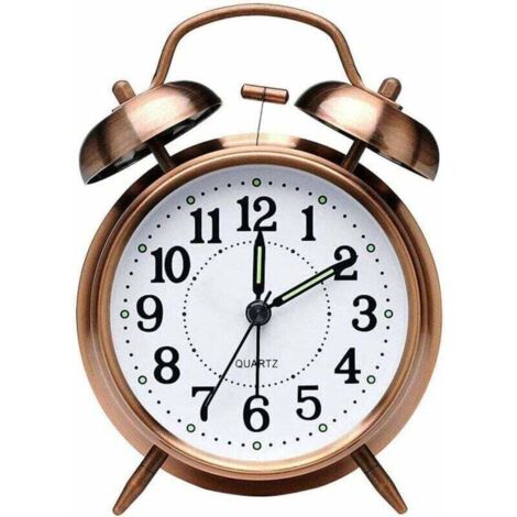 Reloj despertador de noche estilo vintage con doble campana (sin tictac), reloj despertador analógico de cuarzo a pilas con luz nocturna para dormitorio, color marrón (1/4)