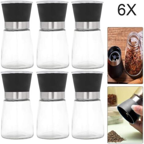 Juego de 6 molinillos de sal y pimienta - Molinillo de especias manual - Vidrio - También se utiliza como molinillo de chile para diversas especias - Negro (180 ml) (1/4)