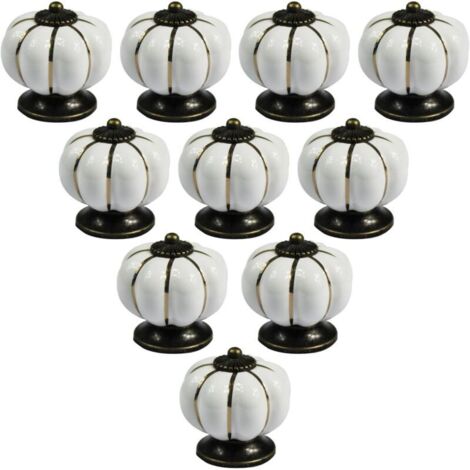 Juego de 10 pomos de cerámica con forma de calabaza de estilo europeo vintage para muebles de tocador, armarios y cajones, color blanco (1/4)