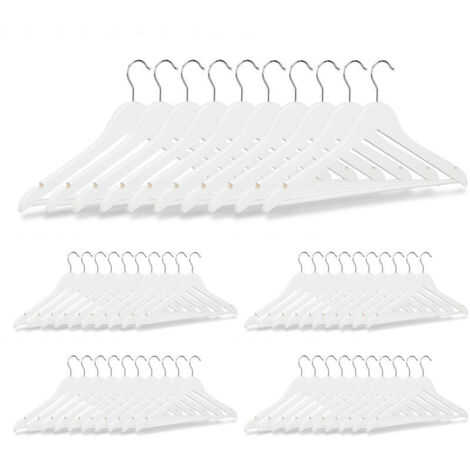 Perchas de madera, 50 unidades, para abrigos, pantalones, vestidos y ropa, con gancho giratorio de 360°, resistentes, blancas. (1/4)