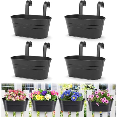 4 macetas colgantes de metal, 27,5 cm, macetas grandes para plantas, cubos colgantes para flores con gancho extraíble para balcón, valla, jardín y decoración del hogar (negro) (1/4)