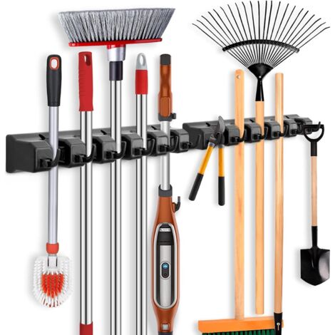 Soporte de pared para escobas de 2 piezas, estante de pared para escobas con 10 ranuras y 12 ganchos, colgador de almacenamiento de pared para escobas para cuarto de lavado, jardín, garaje.