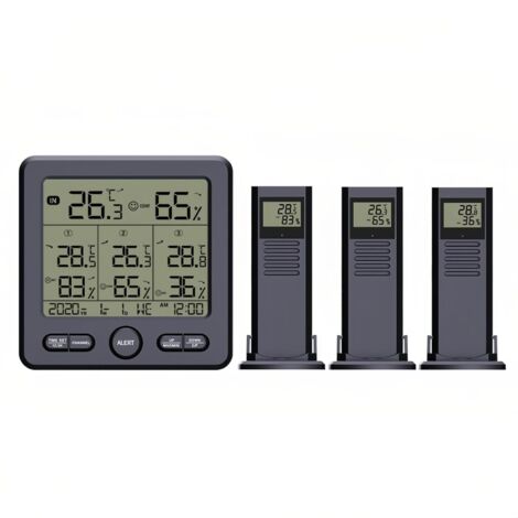 Termómetro higrómetro digital inalámbrico de 3 sensores, pantalla LCD retroiluminada, estación meteorológica para interiores y exteriores con hora, fecha, día de la semana y alarma de sobreexceso de t (1/4)