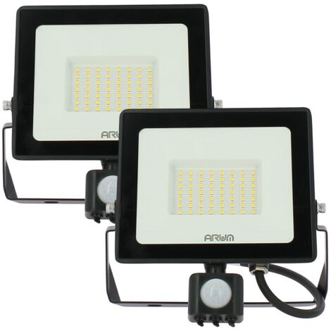 Focos LED exteriores negros de 50 W – Paquete de 2 con detector de movimiento, IP65, 4500 lm, ángulo de haz de 120° (1/5)