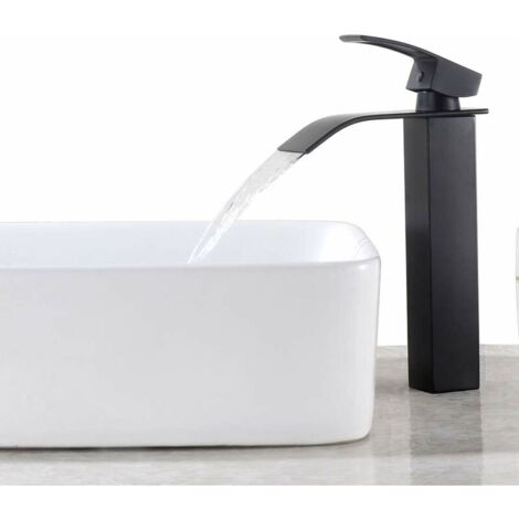 YMYNY Schwarzer Wasserfall-Waschtischhahn, Hoher Waschtisch-Mischbatterie für Badezimmer, Großer Quadratischer Auslaufhahn aus Messing, Warm- und Kaltwasser verfügbar, Auslaufhöhe (1/3)