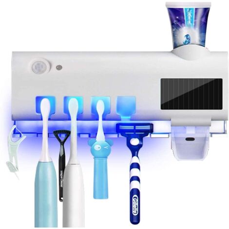 YMYNY UV-Sterilisator-Zahnbürstenhalter, solarbetriebener, wiederaufladbarer elektrischer Zahnbürstenhalter zur Wandmontage mit Sterilisationsfunktion, automatischer Zahnpastaspender (1/5)