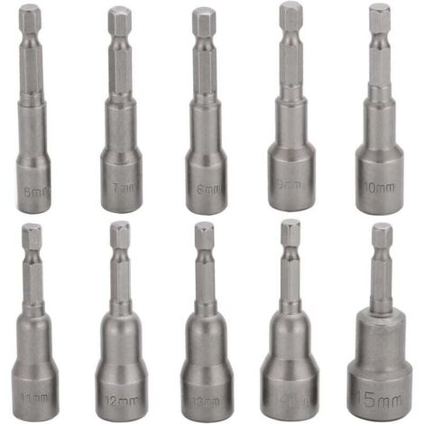 YMYNY 10-teiliges Schlagschrauber-Steckschlüssel-Bit-Set, 6–15 mm, magnetisches Sechskant-Steckschlüssel-Set, magnetisches Bit-Set, Bohrer, Sechskant-Steckschlüssel-Steckschlüssel-Steckschlüssel-Set, (1/4)