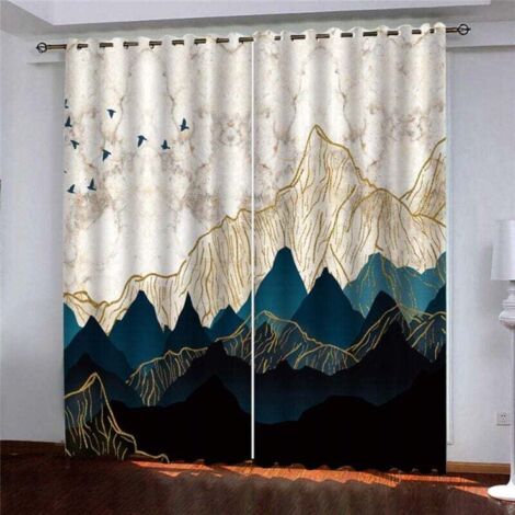 YMYNY 2er-Set Verdunkelungsvorhänge mit Ösen, blau-goldener Marmoreffekt und Wärmedämmung (1/4)