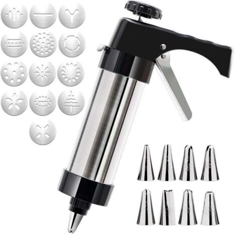 YMYNY Gebäckpresse, Edelstahl-Gebäckspritze, Dekorationsset, Zuckerguss-Spritzmaschine für Kuchen, Kekse, DIY, 13 Schablonen, 8 Düsen (1/4)