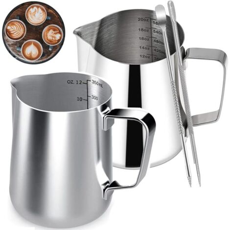 YMYNY Milchkännchen aus Edelstahl, 2 Stück Kaffeemilchkännchen, Milchkrugbecher mit Messmarkierung und 2 Latte-Art-Stiften für Barista, Cappuccino, Espresso (350 ml, 600 ml) (1/4)