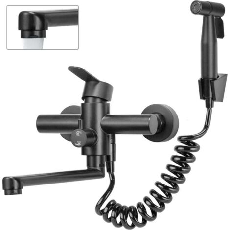 Grid Cool – Küchenarmatur wandmontiert mit Brausepistole – 360° schwenkbar – 23 cm Schwenkauslauf – Edelstahl 304 – 4 Betriebsmodi – schwarz (1/4)