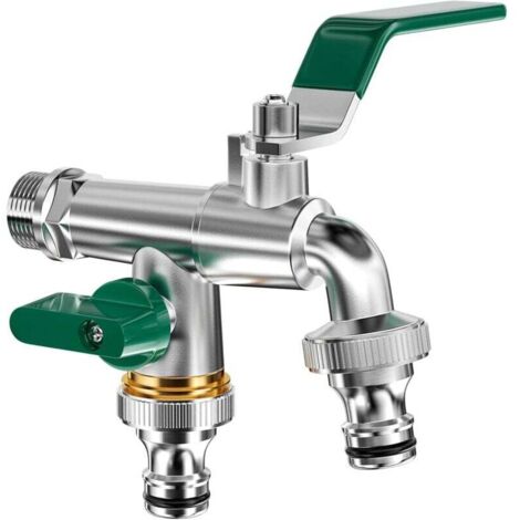 Doppel-Gartenarmatur, Messing-Außenarmatur, Armatur mit zwei 3/4"-Ausgängen und einem 1/2"-Zulauf, frostsichere Armatur mit Doppelanschluss und Schlauchdüse, für Gärten und Waschmaschinen (1/4)