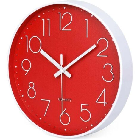 Moderne, geräuschlose rote Wanduhr, 30 cm, Quarz, kein Ticken, rund, batteriebetrieben