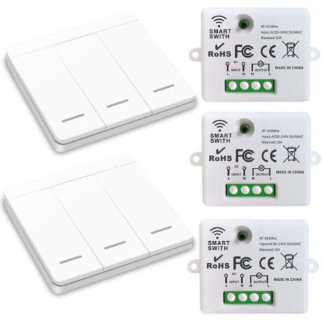 Drahtloser Lichtschalter, RF-Sender-Sicherheitsschalter und 10A-Empfängersteuerung, einfache Installation für Lampen bis 1500W (3 Empfänger und 2 Schalter)