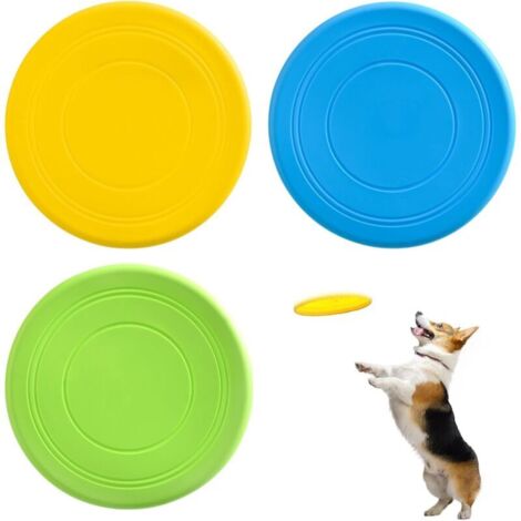 Set mit 3 Hundefrisbees – Wurfscheiben für Hunde – Weiche, fliegende Untertasse aus Naturkautschuk – Für Spielspaß im Freien – 17,8 cm (gelb, grün, blau)