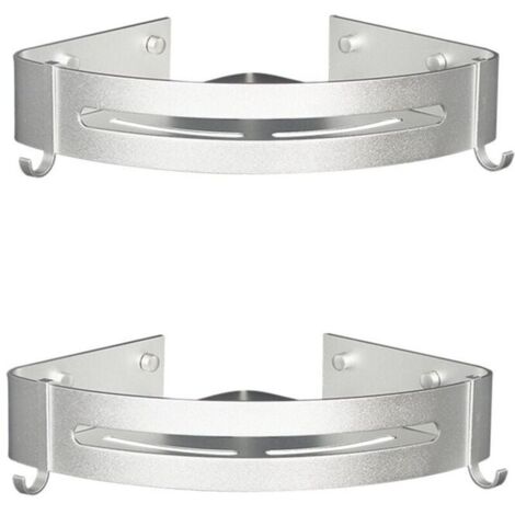 Set mit 2 Eckduschablagen, kein Bohren erforderlich, Metall mit 2 Duschhaken, rostfrei, selbstklebende Halterung für Badezimmerutensilien (Silber) (1/4)