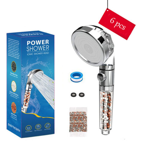 Set mit 6 wassersparenden Anti-Kalk-Duschköpfen und Wasserstoppknopf inklusive kostenloser Nachfüllung Duschsteine H198 (1/4)