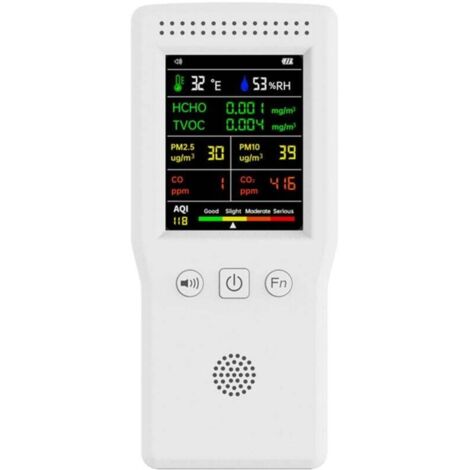 9-in-1 Luftqualitätsmonitor: CO2, CO, PM2.5, HCHO, TVOC, Temperatur, Luftfeuchtigkeit, weißes LCD-Display.