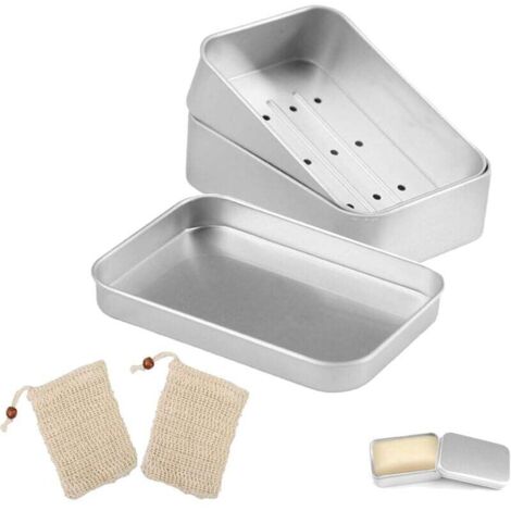 Set aus 2 Seifenschalen aus Aluminium für Rasierseife und festes Shampoo, Seifenhalter mit Abtropffläche, feuchtigkeitsbeständig, aus Metall, für Zuhause und unterwegs, inklusive 2 Schaumstoff-Netzbeu (1/4)