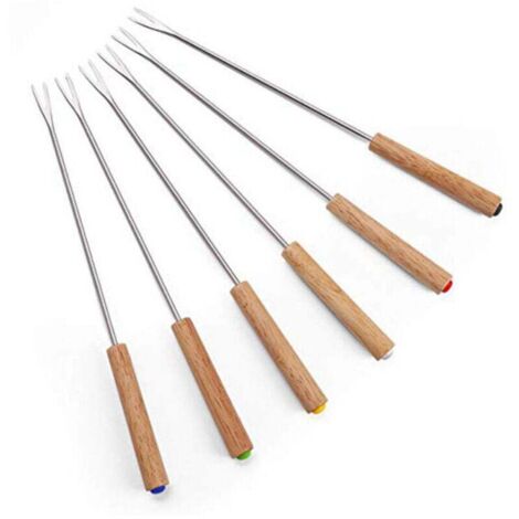 6-teiliges Käsefondue-Set mit Holzgriffen, Fondue-Spießen aus Edelstahl, Burgunder-Fondue-Spießen, Schokoladengabeln, 24 cm, für Grillgerichte, Brot und Gemüse (1/4)