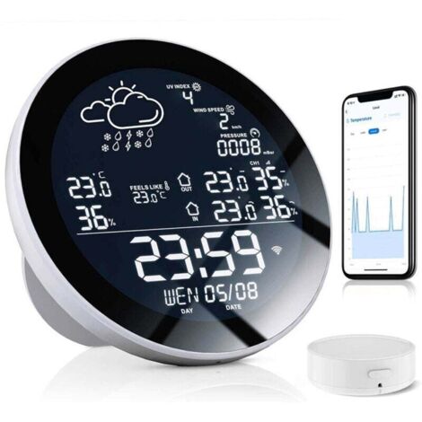 Digitale Wetterstation im kreativen Graffiti-Design – LED-Digitalanzeige für Temperatur und Luftfeuchtigkeit, Kalender und Wettervorhersage – für dekorative Klimaüberwachung