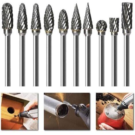 10-teiliges Set doppelt verzahnter Hartmetall-Rotationsfräser, Vollstahl, 3-mm-Schaft, Torsionsbohrer für Dremel-Rotationswerkzeuge (1/4)