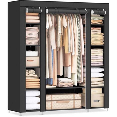Armadio In Tessuto Pieghevole 180x170x45 Cm Con 4 Appendiabiti E 2 Tasche Laterali, Struttura In Ferro E Connettori In PP, Nero, Per Camera E Ripostiglio