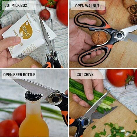 Forbici da cucina, resistenti e caricate a molla, con bordo seghettato, staccabili come mannaia, multiuso in acciaio inox, taglienti per alimenti, pollame, pesce, erbe, bordeaux