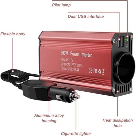 Inversor De Corriente 12V A 230V – 1500W Pico, 500W Continua, Con 4 USB Y 2 Tomas UE, Rojo