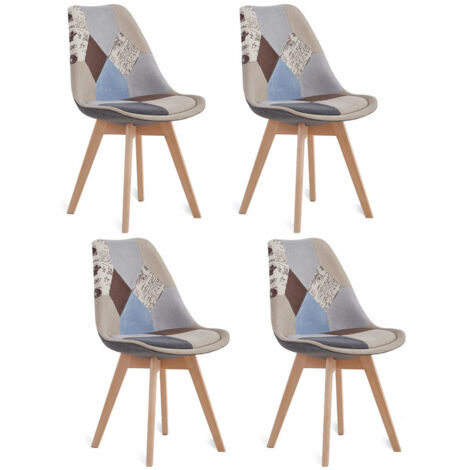 Lot De 4 Chaises De Salle à Manger En Hêtre Patchwork Marron - Style Nordique - Neuf