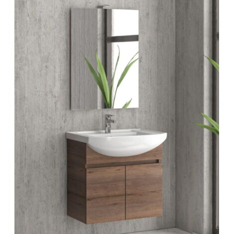 Mobile bagno sospeso 65cm con 2 porte e specchio filo lucido ''New Bianna'' brown