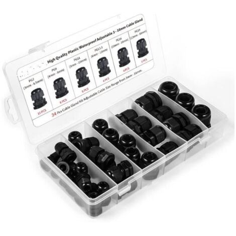 Cable glands, Set of 34 waterproof plastic cable glands, PG7, PG9, PG11, PG13.5, PG16, PG19