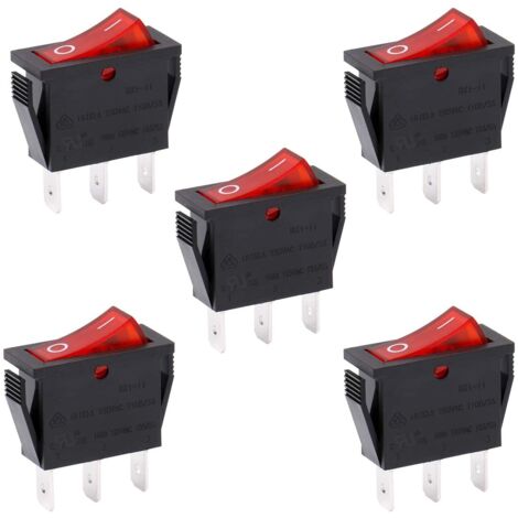 ON-OFF SPST 3 Terminals Red Light Rocker Switch 16A 250VAC 5pcs