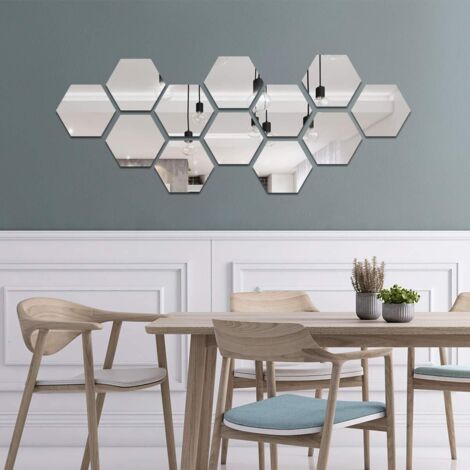 12 Pieces Acrylic Mirror Adhesive Wall Sticker Wall Mirrors Decals Living Room Bedroom Decor 17.7 cm x 15.3 cm (Hexagon, Silver)