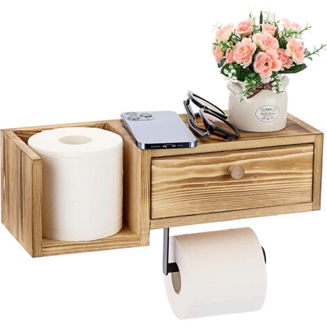 Wooden Wall Mounted Toilet Paper Holder with Shelf and Drawer - Toilet Roll Holder with Storage Box, Disposable Wipes Dispenser, Light Color