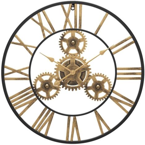 50cm Black Industrial Wood Vintage Steampunk Wall Clock Roman Numerals for Living Room Bar Office