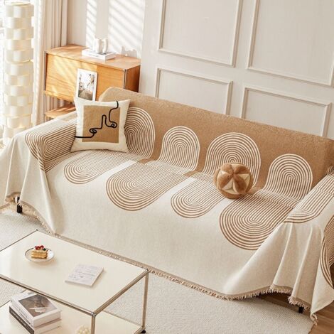 Reversible Chenille Sofa Cover, Couch Cover for Dogs, Multifunctional Sofa Protector, Geometric Line Pattern, Non-Slip, with Tassel Beige