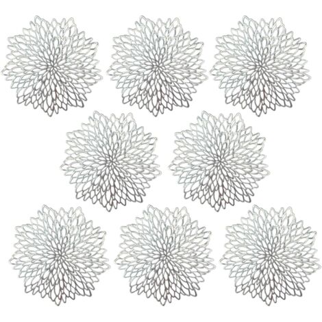 Placemats, PVC Placemats Set of 8 Washable Decorative Table Mats Hollow Heat Resistant Insulated Coasters Mats Durable PVC Table Mat, Silver