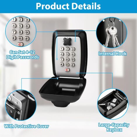 Outdoor Key Safe, Wall Mounted Key Safe with 12 Digit Code, Waterproof ...