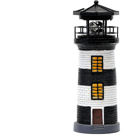 Solar Lighthouse Resin Rotating Light for Yard (Black and White)