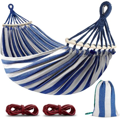 Comfortable Camping and Garden Hammock with Anti-Tip Wooden Bar and Rope for Outdoor/Indoor, Patio, Nap, 220 x 150 cm, 250kg Load Capacity