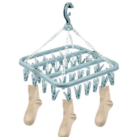 Sock Airer with 32 Clips, Indoor Outdoor Hanging Clothes Airer for Underwear, Socks, Baby Clothes, Towels (Light Blue) (1/5)