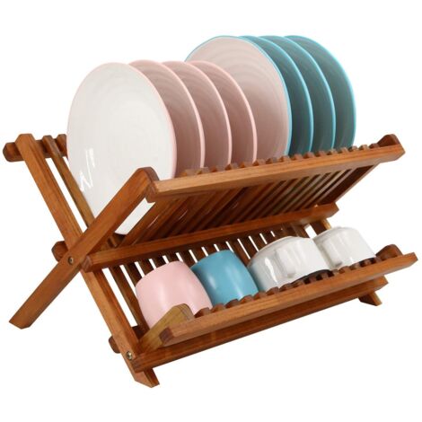 Teak Dish Drainer Rack, 2-Tier Dish Drainer with Cup Holder, Foldable Drainer, Plate Rack for the Kitchen