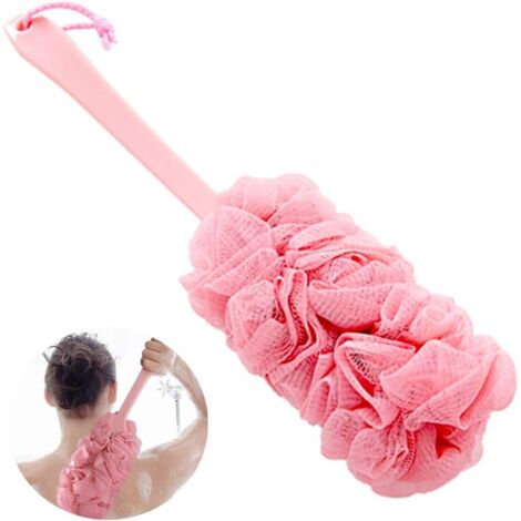 Shower Flower with Long Handle, Hanging Bath Brush, Hanging Back Brush, Durable Sponge Bath Brush, Shower Brush for Women and Men, Exfoliating Loofah (Pink)
